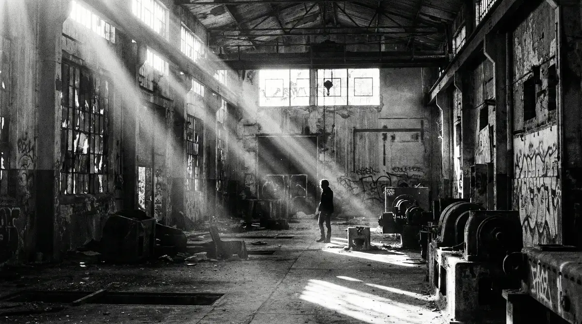 废弃工厂内部光影交错的纪实画面
